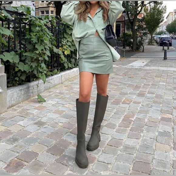Zara Lug Sole Chunky Rubberized Platform Combat Rain Tall Boot Khaki Green 6 New - Picture 5 of 15